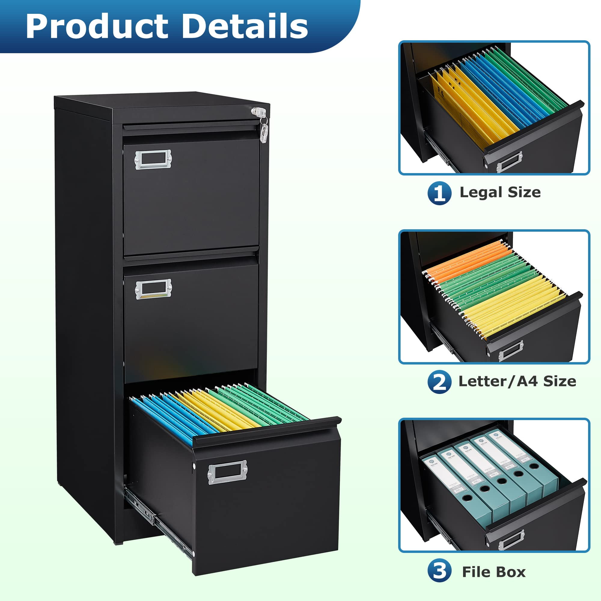 Fesbos 3 Drawer File Cabinet with Lock, File Cabinets for Home Office,18" Deep Vertical Metal Black File Cabinet Office Storage Cabinet Organizer for Letter/Legal / A4