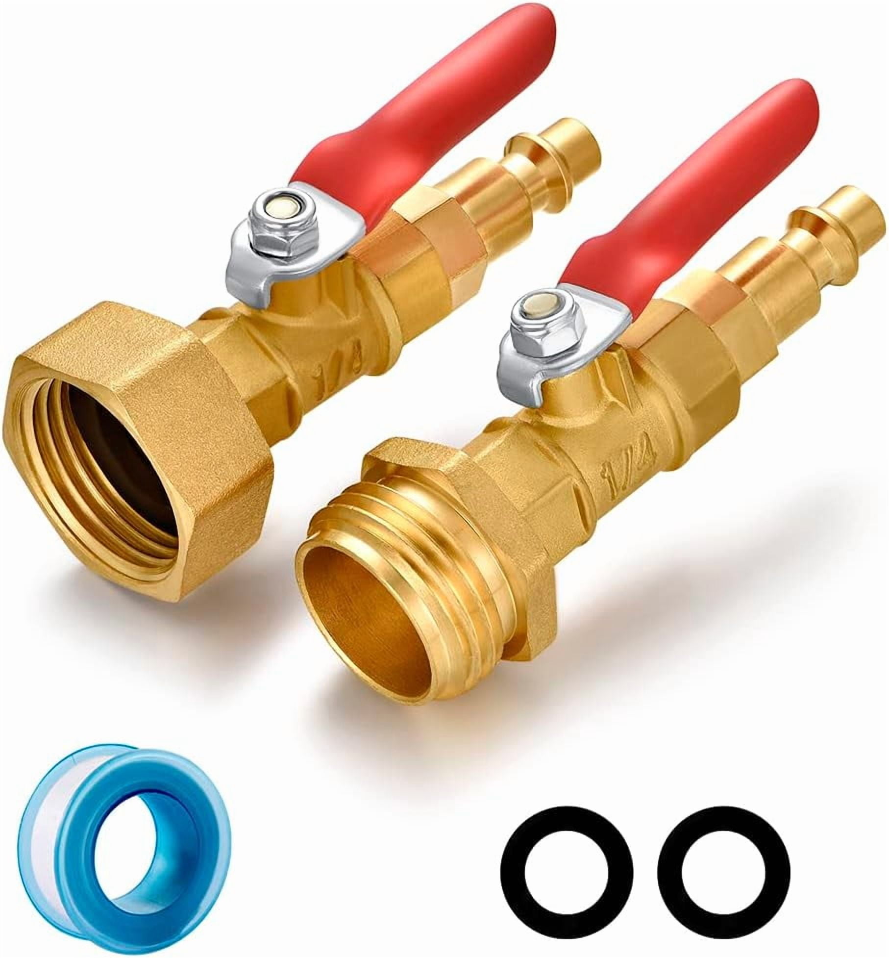 HRTGFD-RV Winterize Blowout Adapter with 1/4" Quick Connect Plug and 3/4" Garden Water Hose Threading for Boat Camper Trailer Sprinkler Systems Irrigation Kit Fitting (With Valve)