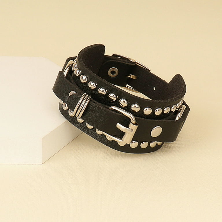 『HER LEATHER BRACE BLACK』 Amazon.com: JAZTAKU Unisex Punk Leather Bracelet Spike Cuff