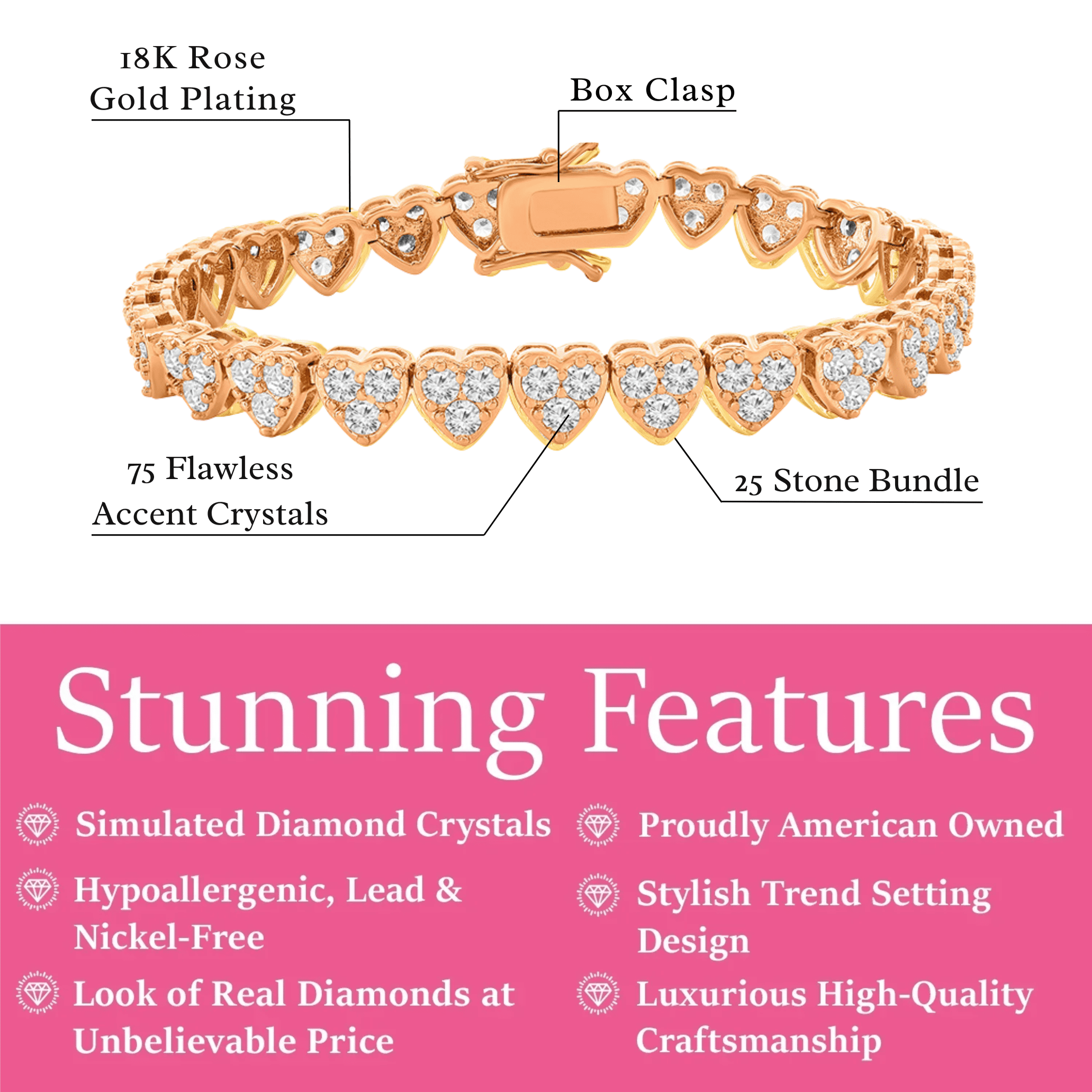 Cate & Chloe Donna 18k Rose Gold Plated Heart Bracelet with Simulated Diamond Crystals for Women