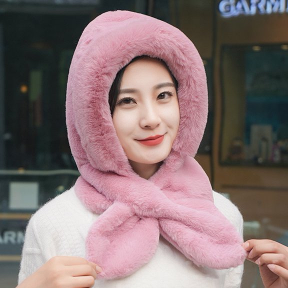 sunsanly Women Winter Hat with Integrated Scarf Thick Warm Faux Rabbit Fur Solid Color Full Protection Outdoor Cycling Travel Cold Weather Cap