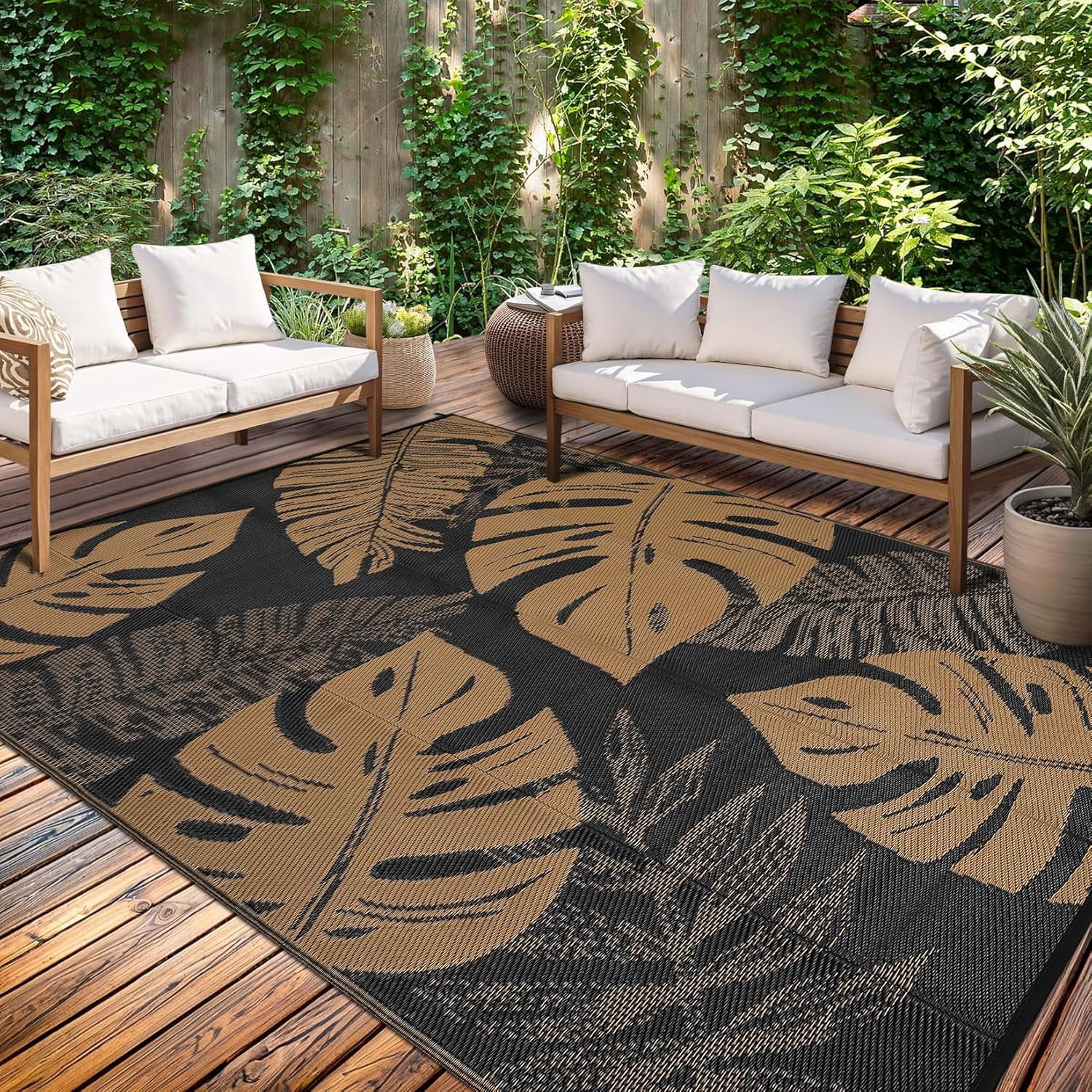 Funslane Outdoor Rug 8' x 10', Waterproof Plastic Straw Mat, Foldable & Reversible, Indoor Outdoor Rugs for Patio, Deck, RV, Beach, Picnic, Black/Brown