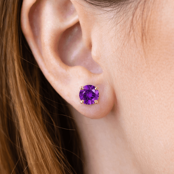 6mm Amethyst Stud Push Back Earrings for Women 14K Yellow Gold - February Birthstone