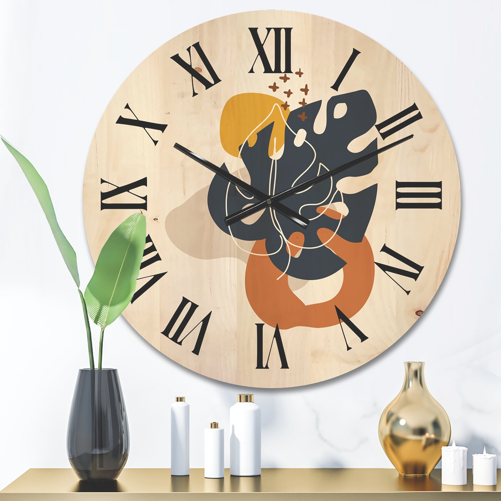 Designart 'Abstract Minimal Shapes Under Flowers IX' Modern Wood Wall Clock