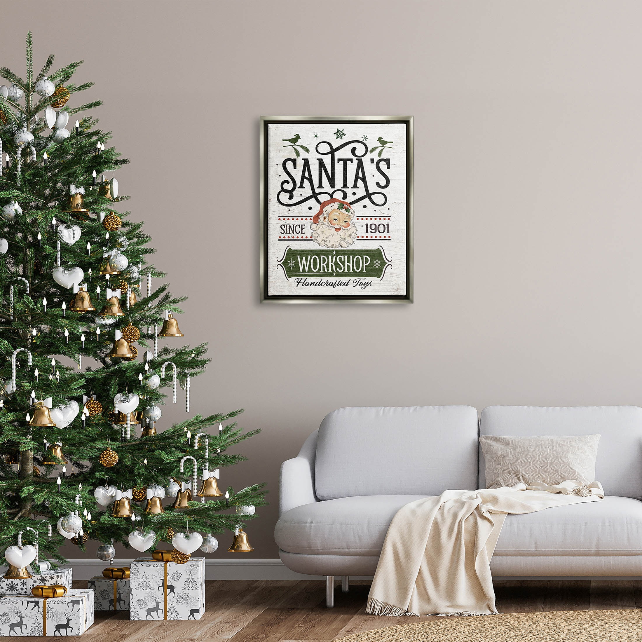 Santa's Workshop Toys Vintage Signage Holiday Graphic Art Luster Gray Framed Art Print Wall Art