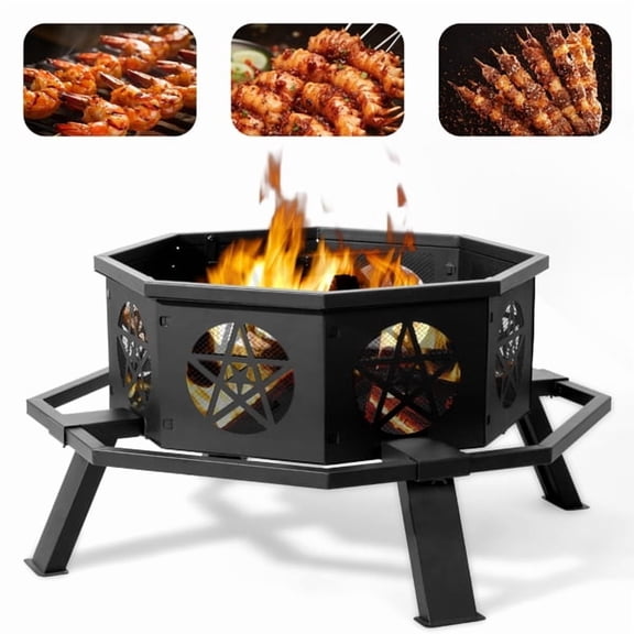 Cotinse 35 inch Fire Pit for Outside, Heavy Duty Wood Burning Fire Pits with Fire Poker, Outdoor Octagonal Firepit for Camping, Yard, Patio