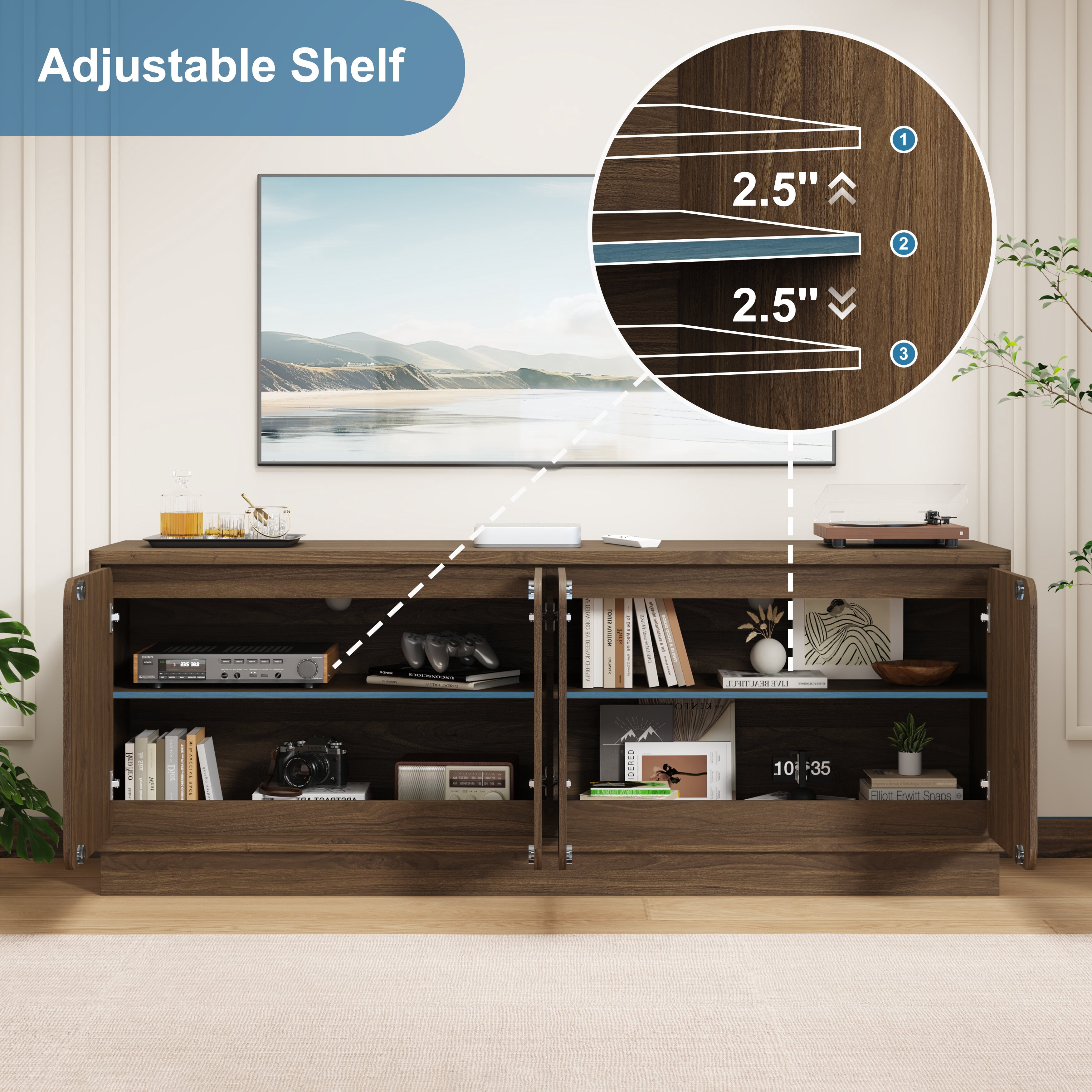 Mintazer 63'' TV Stand with 4 Storage Doors, Low Profile Storage Media Console Table with Cable Holes for Living Room, Kitchen, Bedroom & Entryway, Walnut