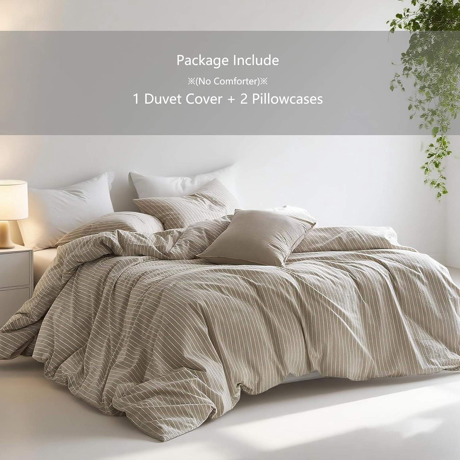 NAYOROOM 100% Cotton Duvet Cover King Set, 3-Piece Breathable Comforter Cover（Light Brown & White Striped）