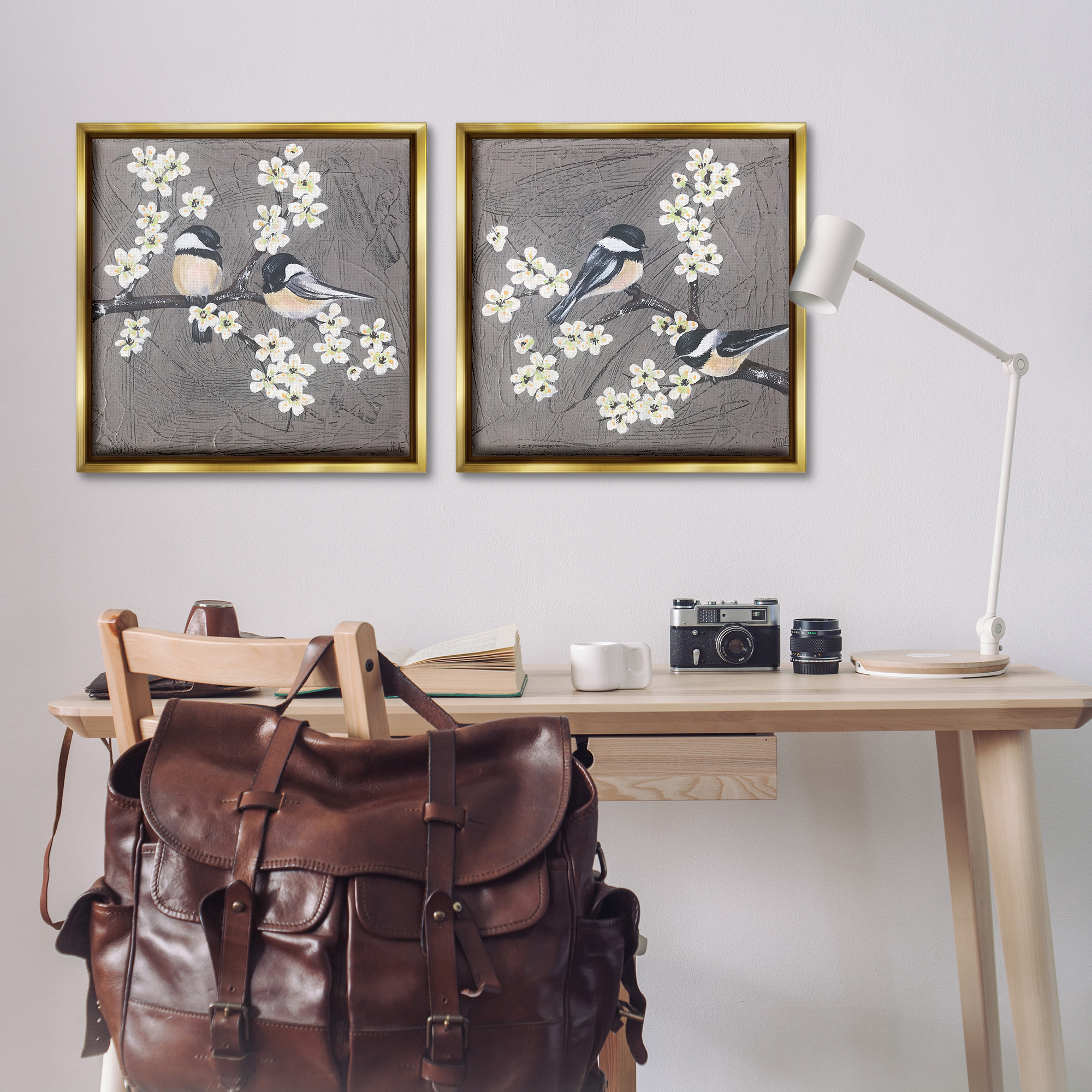 Stupell Industries Chickadee Birds Flowering Branch Animals Painting Gold Floater Framed Canvas Art Print Wall Art, 25 x 25, Set of 2