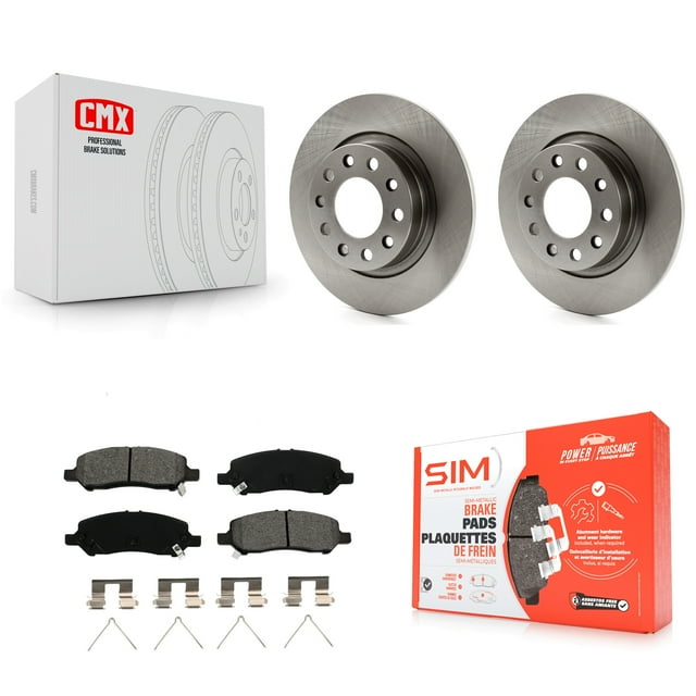 Transit Auto Rear Disc Brake Rotors and Semi-Metallic Pads Kit for 2013-2016 Dodge Dart. Includes two rear disc brake rotors and one set of rear semi-metallic brake pads with hardware. Features MetalliX™ low resin semi-metallic compound for superior braking performance and XCast™ G3000 iron castings for durability. Rubberized multi-layer stainless steel shims reduce noise and vibration. Packaged in branded boxes with visible product details.