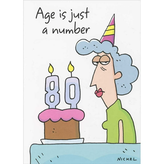 Oatmeal Studios Age is Just a Number: Woman and Cake with Novelty Candles Funny / Humorous 80th Birthday Card