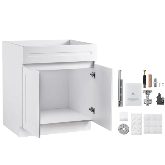 30-Inch White Base Cabinet Storage Unit-24-inch Depth,34.5-inch Height,Easy Self-Assembly for Kitchen or Bathroom Organization