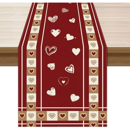 

Valentines Day Love Hearts Plaid Cloth Table Runner Burlap Table Decoration for Home Kitchen Dining Dinner Indoor Holiday Farmhouse Decor 13x120 Inch