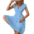 thumbnail image 3 of Vestido de Fiesta para Mujer, con Encaje Bordado y Ojales, Cintura Fruncida, Mangas Acampanadas, Corte A, , Midi, para (2025) Azul XL, 3 of 9