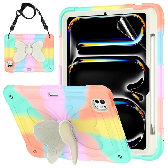 Dteck Kids Case for iPad Pro 11 Inch (2024) with Soft Screen Protector Film, ,Cute Rugged Protective Case for iPad Pro 11 Inch (M4) with Carrying Strap, Butterfly Wings Kickstand, Pen Holder, Rainbow