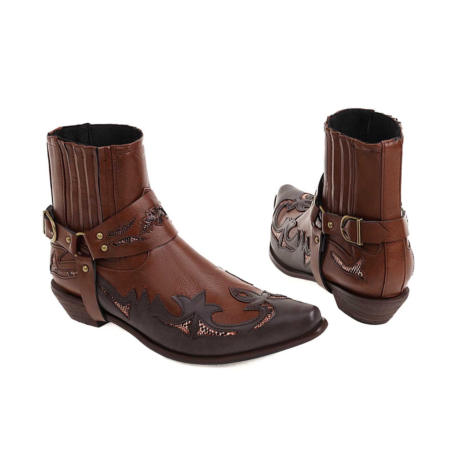 LSLJS Men s Ankle Boots Fashion Large Size Winter Western for Men s Embroidery Mid Calf Chunky Heel Retro Pointed