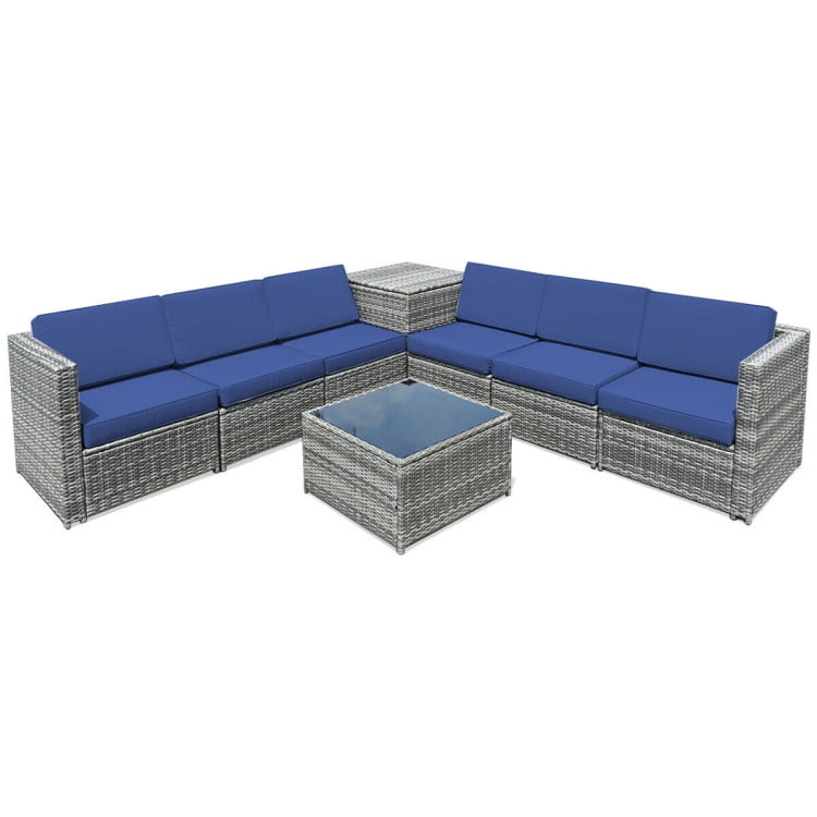 GVN 8 Piece Wicker Sofa Rattan Dinning Set Patio Furniture with Storage Table-Navy, Outdoor Sofa Sectional , Coffee Table for Patio Back Deck, Balcany, Poolside