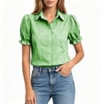 thumbnail image 3 of Admvng Women's Gingham Plaid Shirt Lapel V Neck Puff Ruffle Short Sleeve Chest Pocket Button Down Casual Blouse Tops, 3 of 6