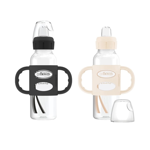 Botella estrecha Dr. Brown's® Milestones para sorber con mangos™ 8oz 250mL libre de BPA negro y crudo paquete de 2 6m+