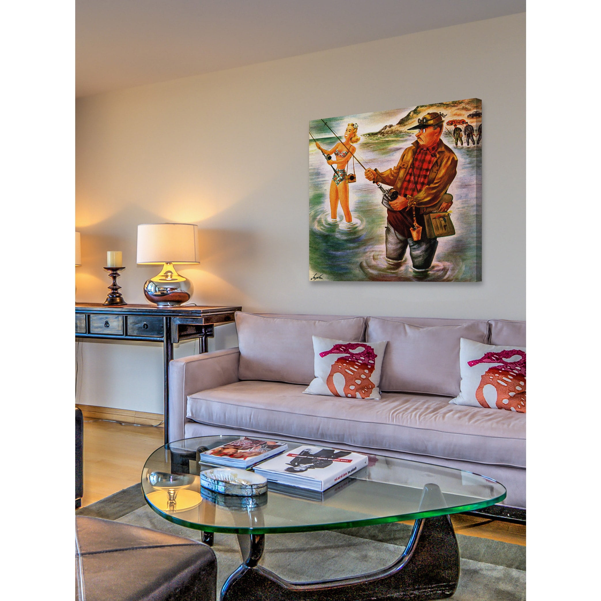 "Bikini Fishing" Painting Print on Wrapped Canvas