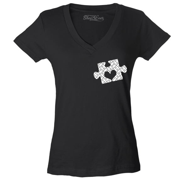 Shop4Ever Women's Small Heart Puzzle Piece Autism Awareness Slim Fit V-Neck T-Shirt XX-Large Black