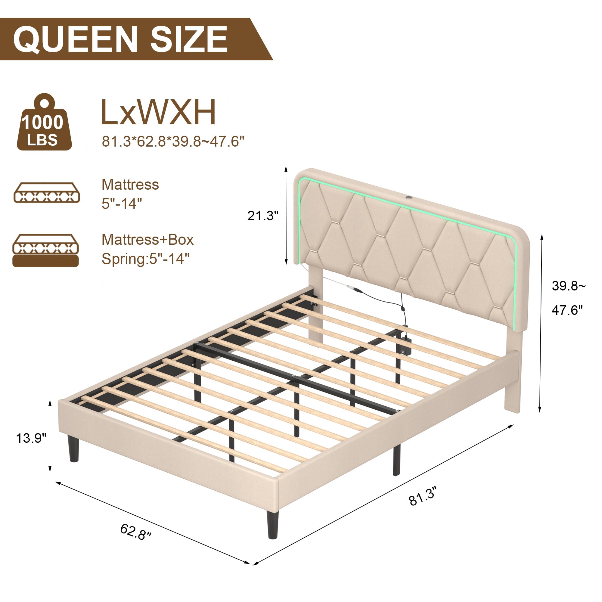 VECELO Upholstered Queen Bed Frame with Headboard Adjustable, Velvet Platform Bed with LED Lights, Charging Station, Mattress Foundation with Wooden Slats, Noise Free, No Box Spring Needed, Beige