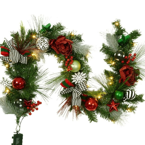 Christmas Garland with Lights, Artificial Christmas Garland with Pine Cones Poinsettia,Cordless Xmas Garland for Fireplace Mantle Stairecase Indoor Outdoor Holiday Home Decorations,6FT,Red-green