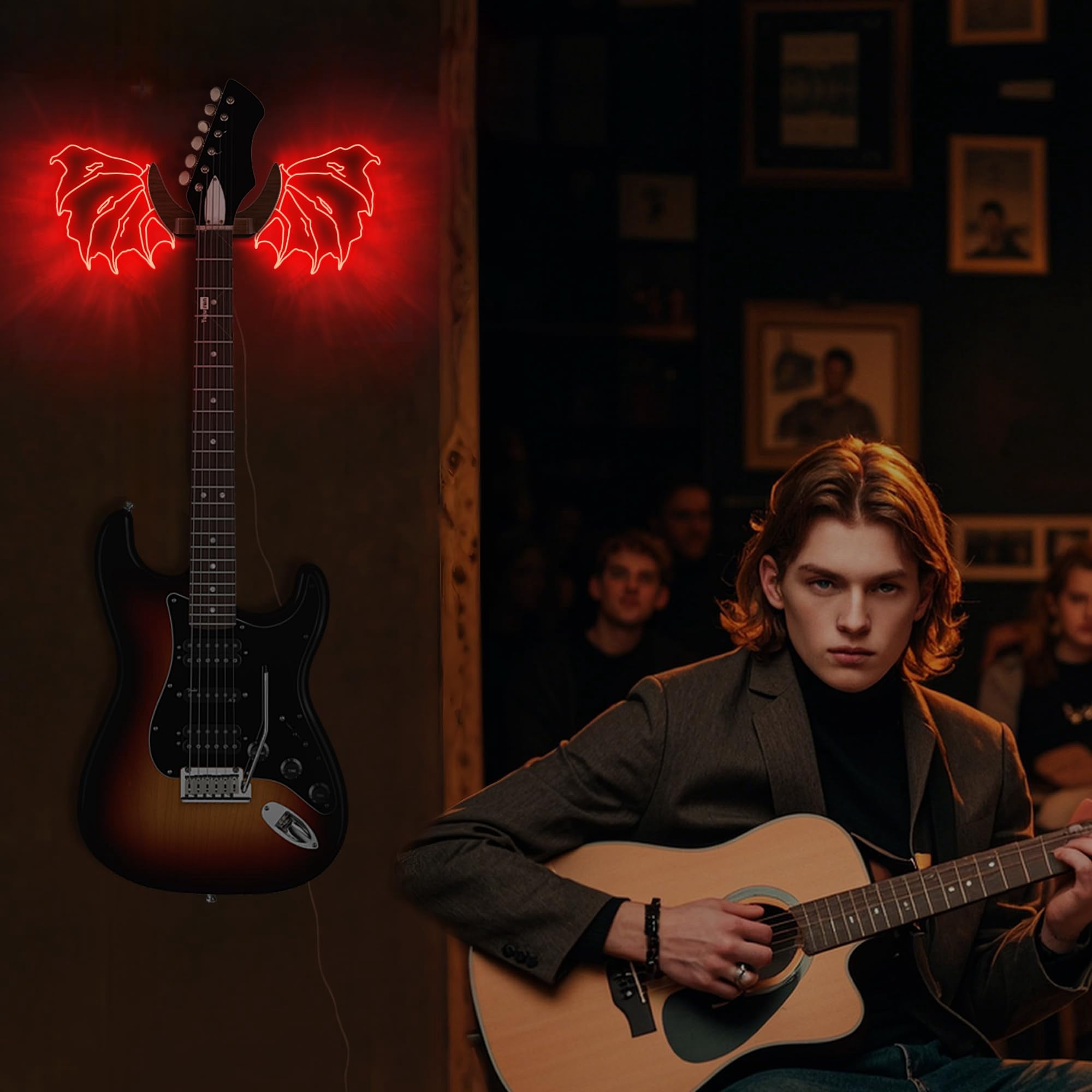 Guitar Stand Wall Mount With Luminous Devil Wings  Acrylic Wooden Hanger Shelf Usb Powered For Acoustic Electric Bass Ukulele Gift Music Lovers Players