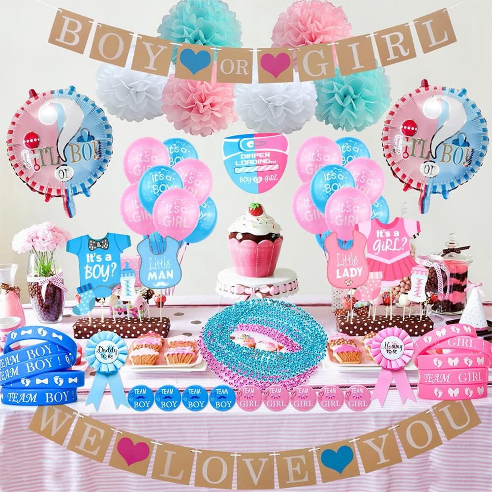Miguan Baby Gender Reveal Party Favors Supplies Ideas, Team Boy or Girl Pins Daddy and Mommy Badge Pin Silicone Bracelet Photo Prop Necklace,Baby Shower Favors Pink Blue Gender Reveal Decor Game