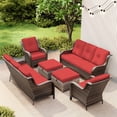 thumbnail image 5 of MeetLeisure 6 Pieces Patio Conversation Set, Two Wicker Chairs, Two 3-Seat Sofas and Two Ottomans with 3.5-inch Seat Cushions, Red, 5 of 9