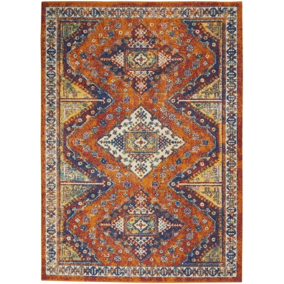 5' X 7' Ivory Blue and Orange Geometric Power Loom Area Rug