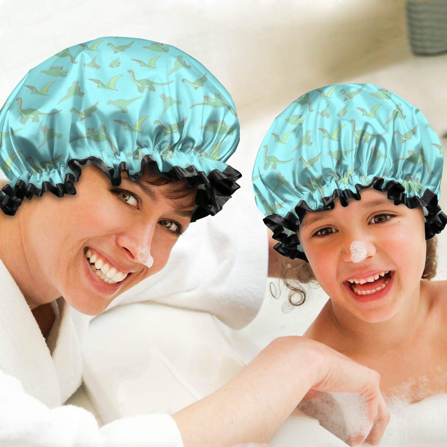 Shower Caps,LightBlue Cartoon Dinosaurs VariedShapes Pattern Waterproof Shower Cap for Women 4 Pieces,Double Reusable Hair Cover for Shower PEVA Elastic Stretch Hem