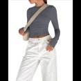 thumbnail image 1 of Tops Cortos Ajustados para Mujer para Salir, Informales, de Color Liso, con Cuello Redondo, Larga, Ajustados, Ropa de Calle Básica Gris L, 1 of 8