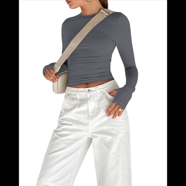 Tops Cortos Ajustados para Mujer para Salir, Informales, de Color Liso, con Cuello Redondo, Larga, Ajustados, Ropa de Calle Básica Gris L