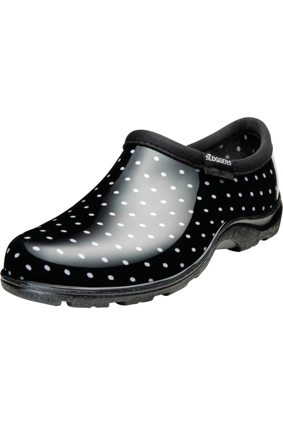 Original Waterproof Rain and Garden Shoe for Women Outdoor Slip-On Garden Clog - Made in The USA with Premium Comfort Insole and Arch Support - Polka Dot Print Black and White, Size 10