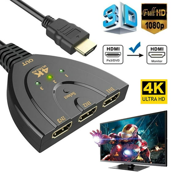 3-Port 4K HDMI Switch Splitter, 3 in 1 Out HDMI Switcher Support Full HD 4K 30Hz 1080P 3D Player, Compatible with HDTV, PS4, PS3, Xbox, Roku, Fire Stick, PC, TV