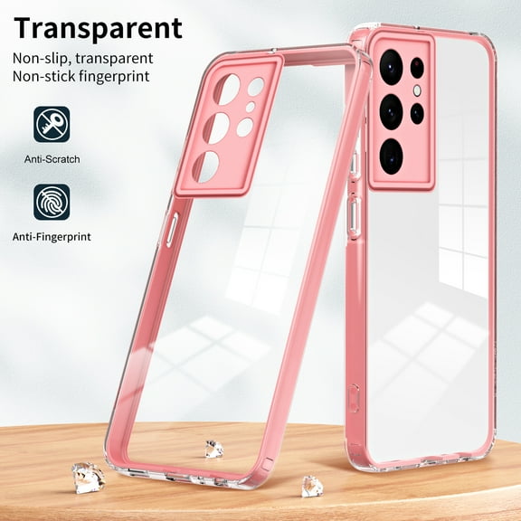 Transparent Case for Samsung Galaxy S22 Ultra, Galaxy S22 Ultra Clear Case, Non-yellowing HD Anti-Fingerprint Soft TPU Back Hard PC Frame Protective Case for Samsung S22 Ultra 5G 6.8", Pink