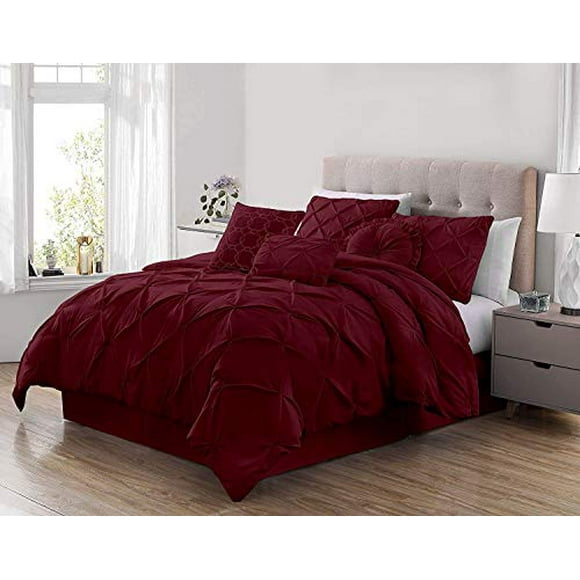 Sydney 7-Piece Pinch Pleat Pintuck Bedding Comforter Set (Queen, Burgundy)