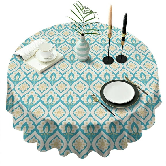 Blue Pioneer Flower Pattern Round Tablecloth 60"x60",Wrinkle Wipeable Table Cloth for Kitchen Dining Room Picnic Patio Party