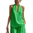 thumbnail image 4 of Linen Halter Tops for Women Flowy Loose Fit Sleeveless Tank Top Casual Summer V Neck Blouses Beach Clothes Green XL, 4 of 7