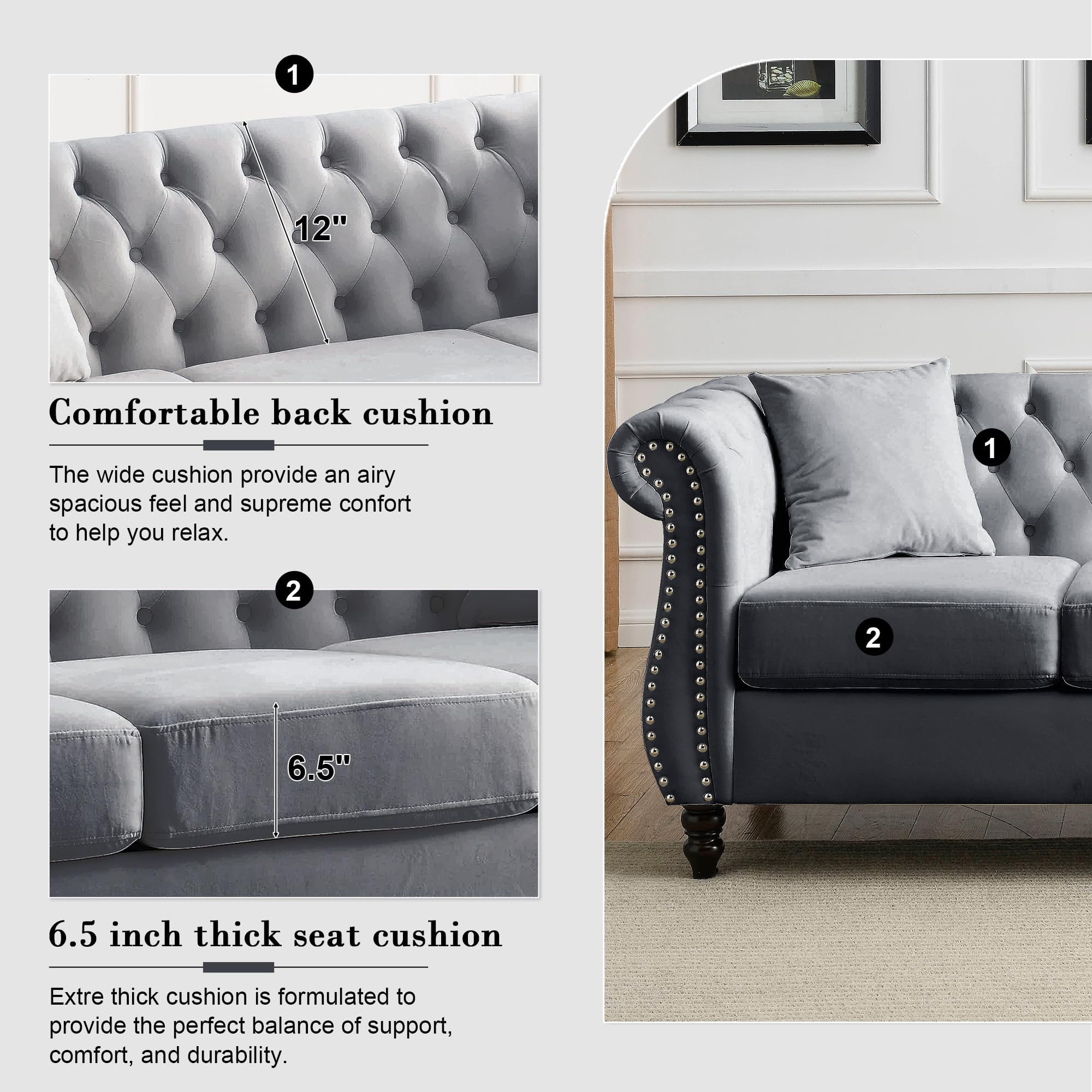 2 Piece Chesterfield Velvet Sofa, 80" 3-Seater and 59" Loveseat Sofa Set, Tufted Couch with 4 Pillows,Rolled Arms and Nailhead for Living Room, Bedroom, Office, Grey