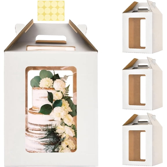 3 Pack Tall Cake Boxes for Tier Cakes 12x12x14 Inch Disposable Layer Tall Baking Carrier with Window Large Tierd Bakery Take Out Transport Containers with Handle for Wedding, Birthday, Party