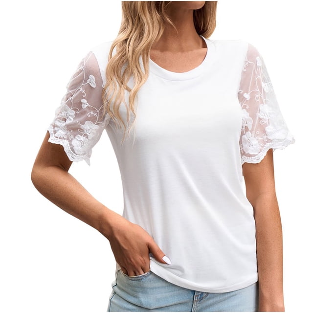 JUNWELL Blouses de Bureau pour Femmes pour le Travail Décontracté Col Rond Patchwork en Maille Manches Courtes Tunique Tops Tendance Couleur Unie Chemises en Coton Vin TTG