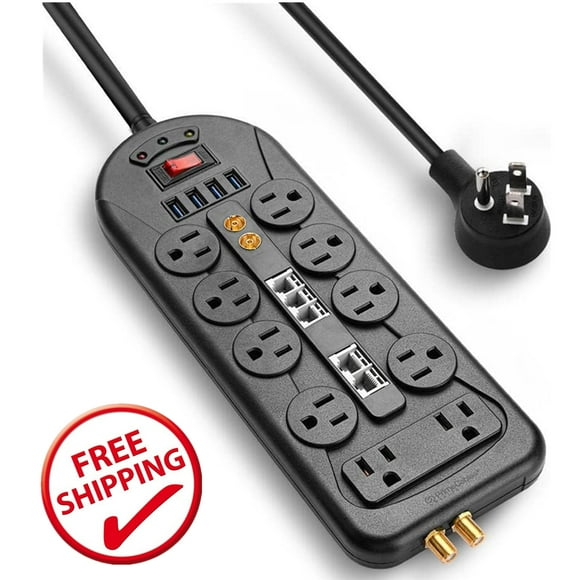 Wall Mountable Surge Protector Power Bar with 10 Outlets, Flat Plug Power Extension Power Strip with 4 USB Ports and 3ft Extension Cord