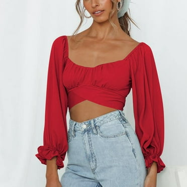 Women Cute Off Shoulder Frill Wrap Crop Top Elastic Cuff Long Puff Sleeve Tie Back for Party Shopping Travel Date