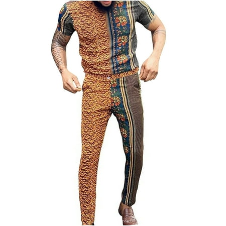 

Ziloco Men s Round Neck Flowers Print Short-Sleeved Tops Casual Trousers Casual Suit pajama pants Beige L