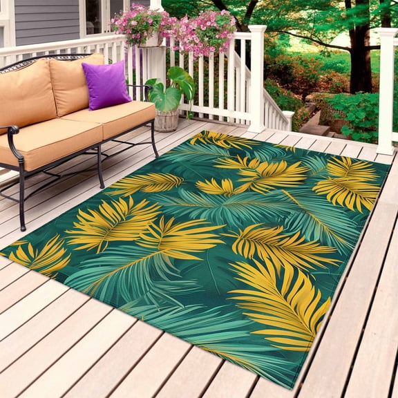 Turquoise Tropical Outdoor Rug for Patio/Deck/Porch, Non-Slip Large Area Rug 4 x 6 Ft, Gold Palm Leaves Summer Pastoral Indoor Outdoor Rugs Washable Area Rugs, Reversible Camping Rug Carpet Runner