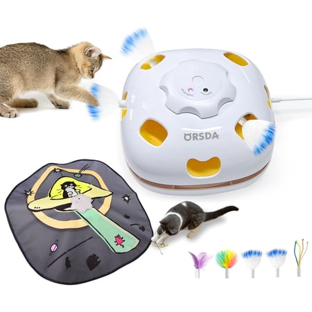 ORSDA Cat Toys Rechargeable, 4in 1 Interactive Automatic Indoor Cats Toy with 8 Holes Mice Whack-A-Mole, Hide and Seek Smart Motion Kitten Toys with 5Pcs DIY Replacement Refills