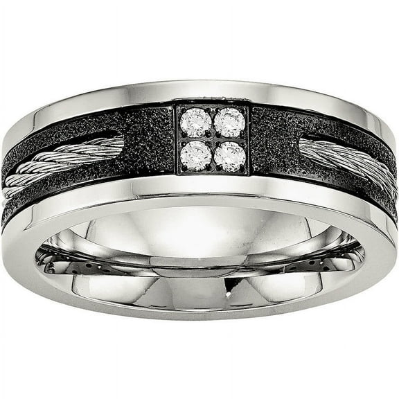 Stainless Steel Polished Laser Cut Blk IP Wire Inlay CZ Band