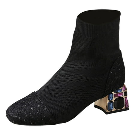 

OJSFQUFP Ankle Boots for Women Autumn and Winter Round Toe Thick Heel Color Matching Women s Patchwork Fashion Boots Women s Chelsea Boots Black 37